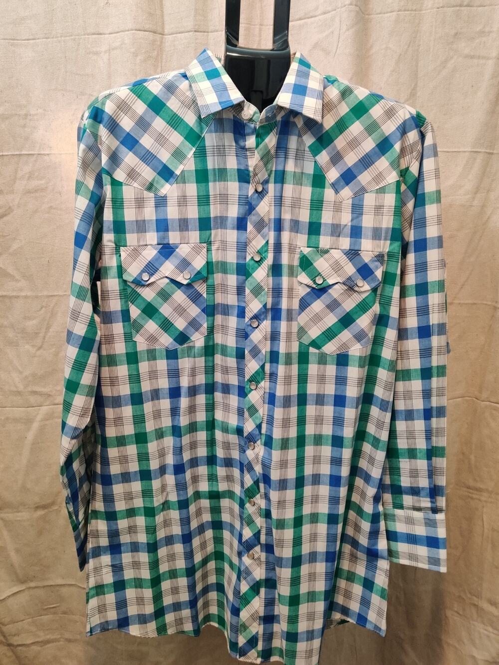 Vintage Stagecoach Western Wear Shirt Men's Size Large Tall Pearl Snap Plaid
